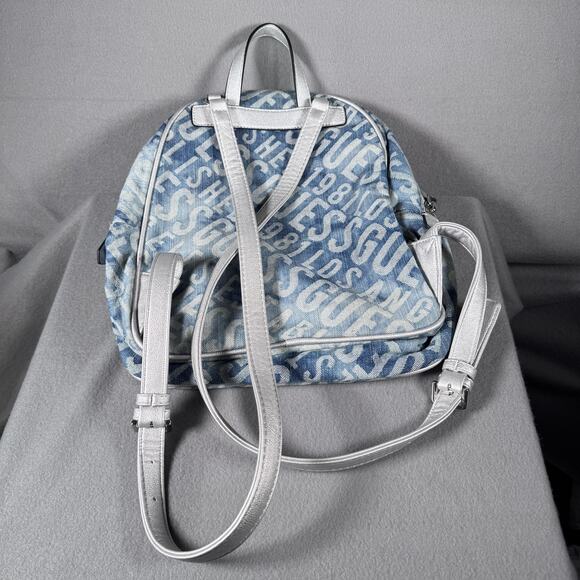 Guess Mini Backpack Purse Blue Denim Silver Trim Logo Los Angeles DY699433 - Picture 2 of 12